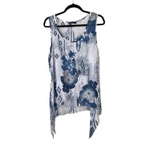 BELLA AMORE Italy Sleeveless Floral Printed Tunic Blouse Blue White S